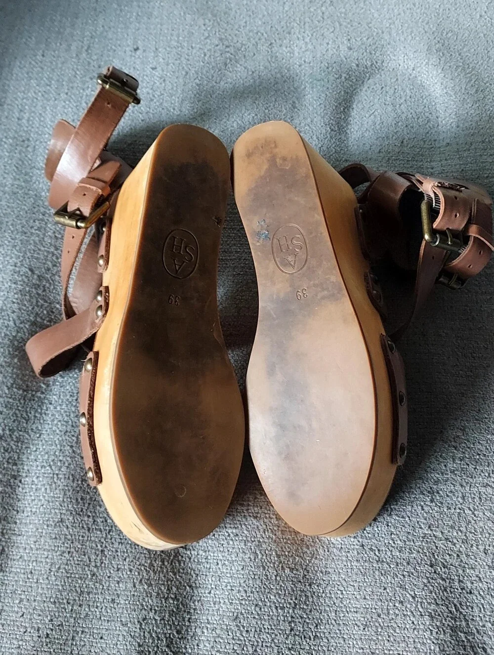 ASH Brown Leather Wooded Platform Wedge Sandals Sz 39/8.5-9